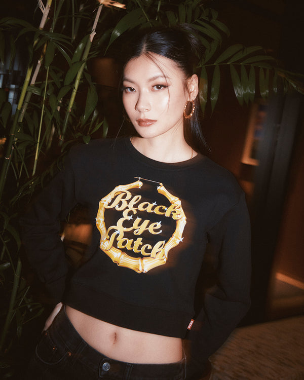 BAMBOO HOOP CROPPED CREW SWEAT BLACK