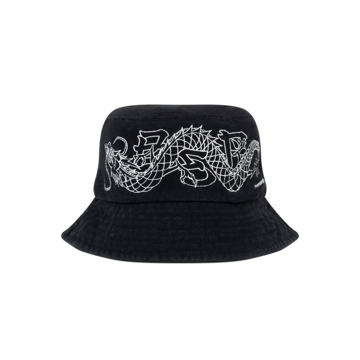 Dragon Embroidered Washed Bucket Hat, Black