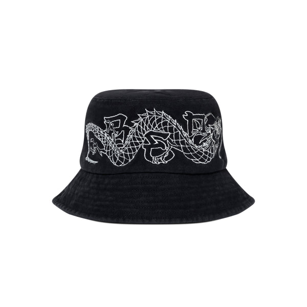 DRAGON EMBROIDERED WASHED BUCKET HAT BLACK