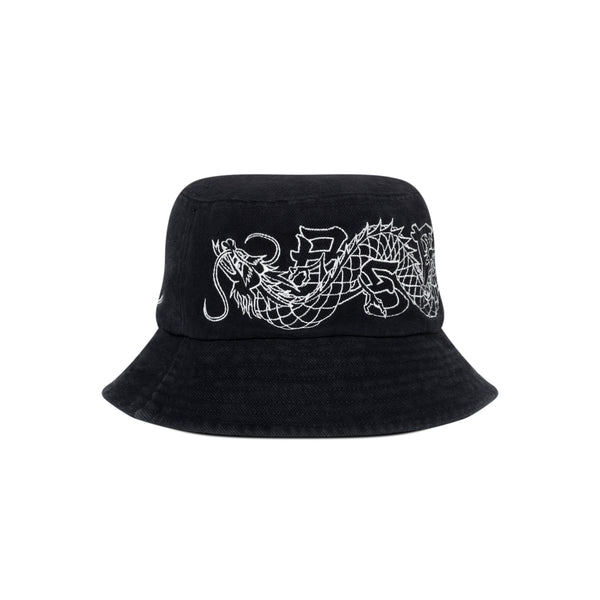 DRAGON EMBROIDERED WASHED BUCKET HAT BLACK