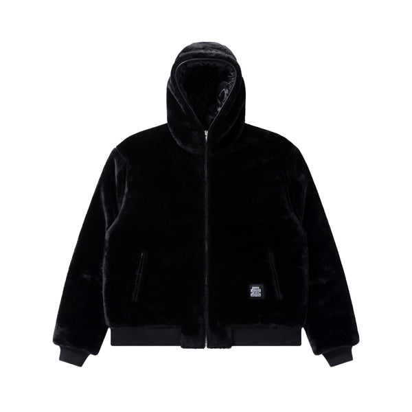 MOHAIR FAUX FUR HODDED JACKET BLACK