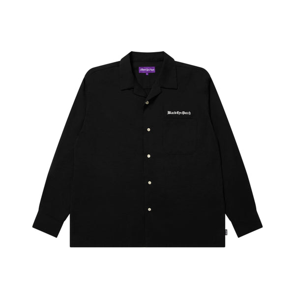 OE Logo Open Collared Long Sleeve Rayon Shirt, Black