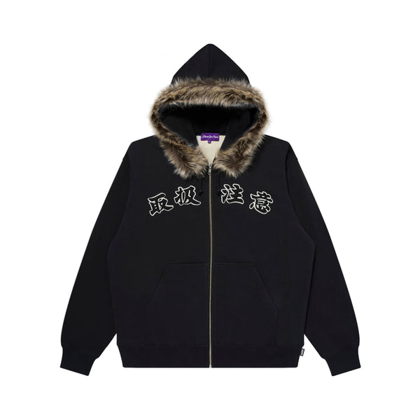 FAUX FUR HOODED HWC ZIP HOODIE BLACK