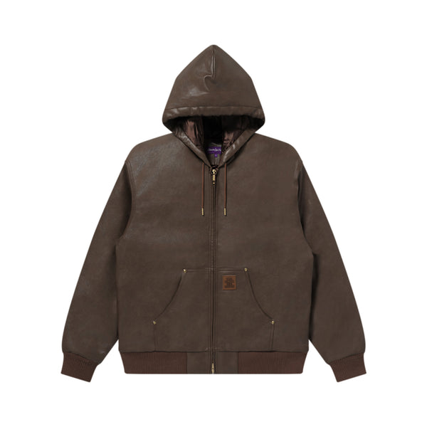 LEATHER PATCH PU HOODED JACKET BROWN