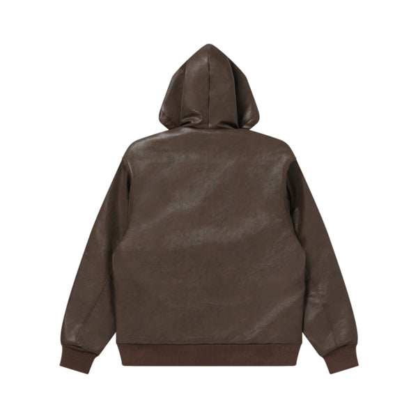 LEATHER PATCH PU HOODED JACKET BROWN
