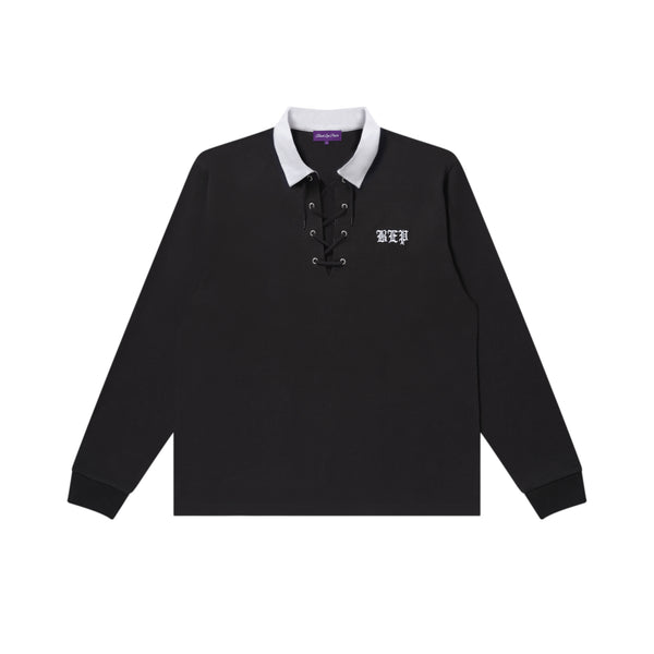 OE JAPAN FLAG LACE UP POLO BLACK