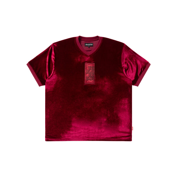 HWC LABEL EMBROIDERED VELOUR V NECK S/S SHIRT BURGUNDY