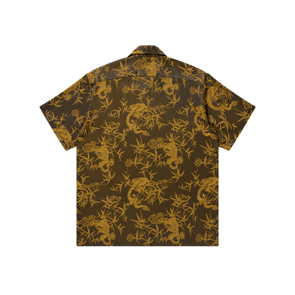 DRAGON TEXTILE Open Collared Satin Short Sleeve Shirt, Brown