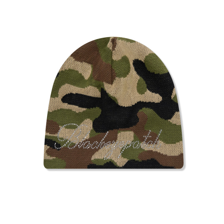 RHINESTONED SCRIPT SINGLE BEANIE WOODLAND CAMO