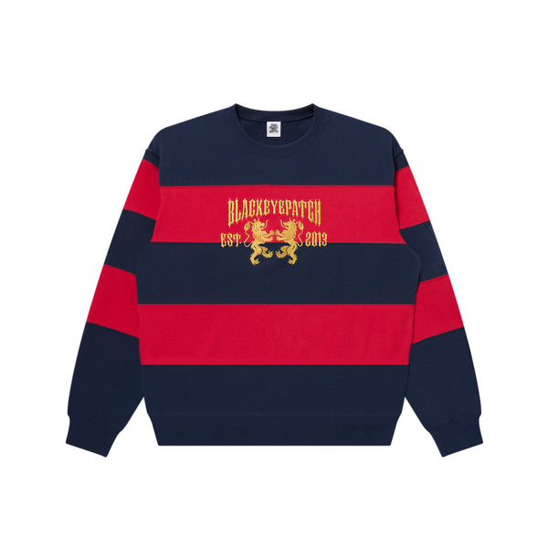 HERALDIC COLLEGE STRIPED CREW SWEAT NAVY/RED