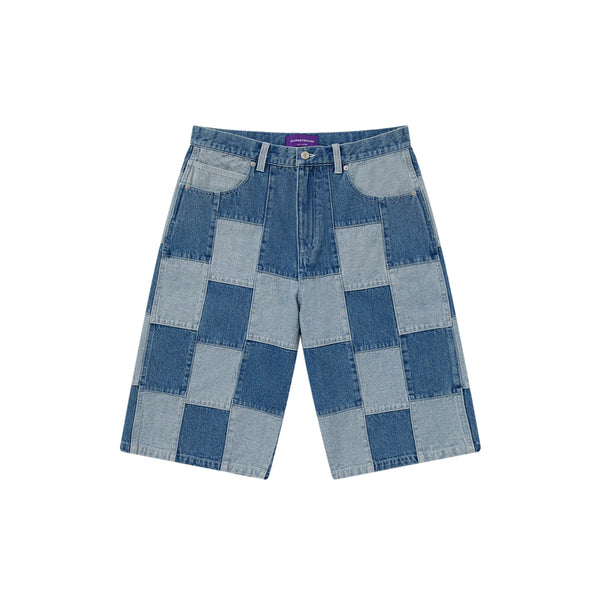 DENIM PATCHWORK BAGGY SHORTS INDIGO