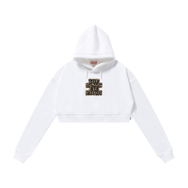 LEOPARD OG LABEL CROPPED HOODIE WHITE