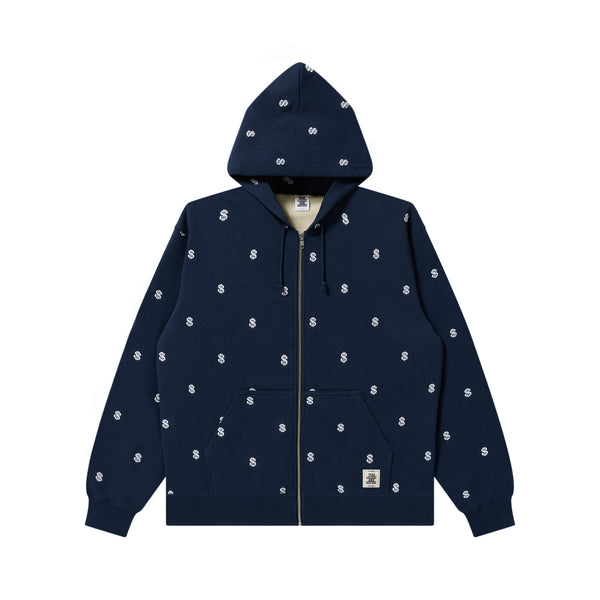 DOLLAR SIGN PATTERNED THERMAL ZIP HOODIE NAVY