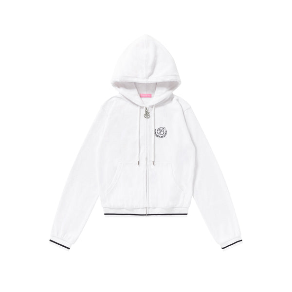 B EMBLEM PILE ZIP HOODIE WHITE