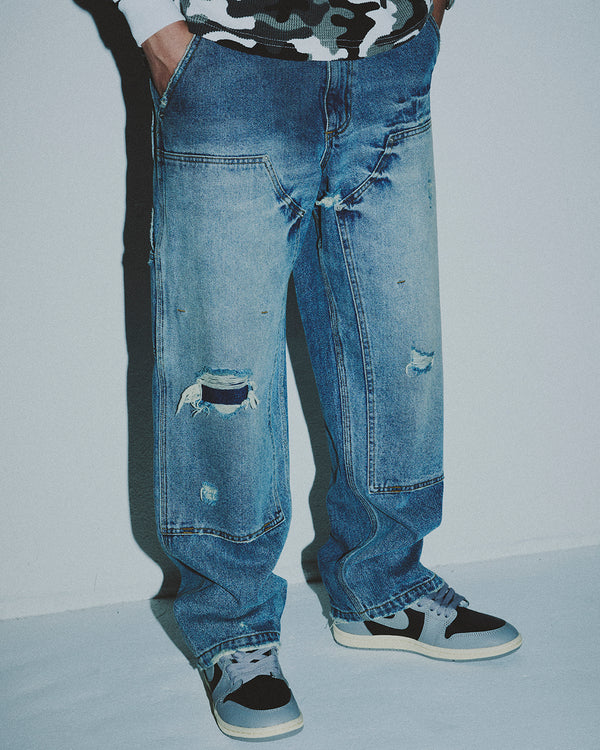 DOUBLE KNEE DAMAGED PAINTER PANTS INDIGO