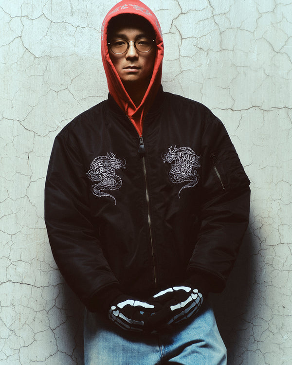 Black Embroidered Dragon Bomber Jacket