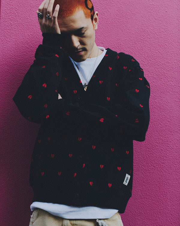 HEART BREAK PATTERNED SWEAT CARDIGAN BLACK