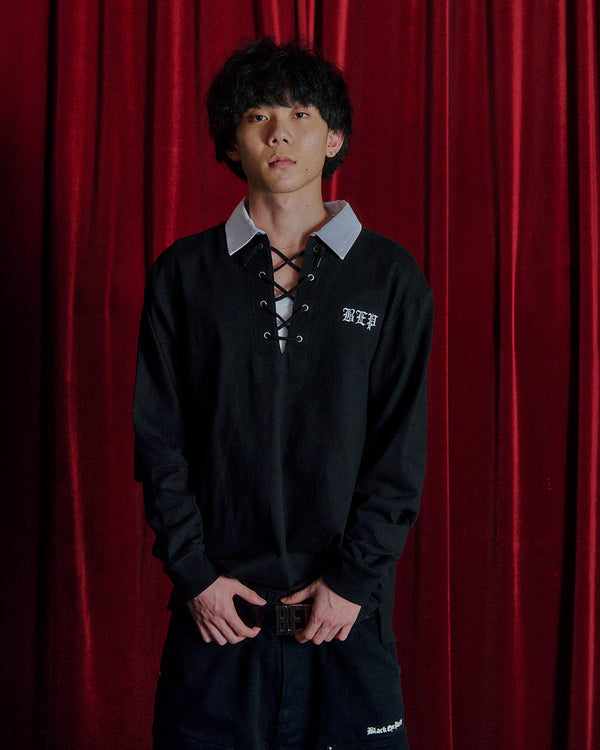 OE JAPAN FLAG LACE UP POLO BLACK