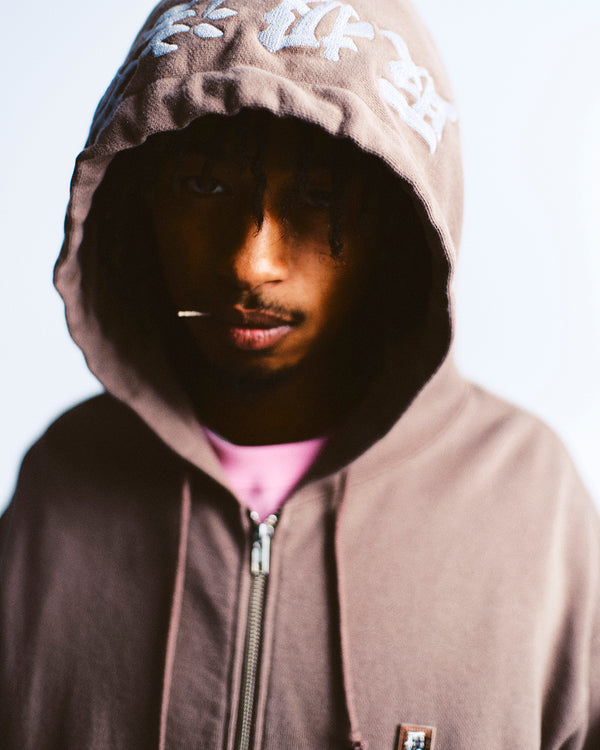 Reflector Embroidered Small HWC Zip Hoodie, Brown